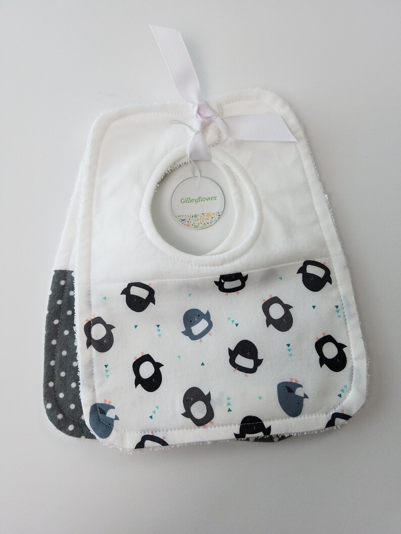 Penguin and Gray Polka Dot Print Baby Bibs - Penguin Baby Gift Penguin Baby Shower Penguin Bibs READY TO SHIP Set of 2