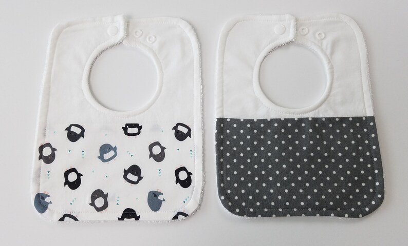 Penguin and Gray Polka Dot Print Baby Bibs - Penguin Baby Gift Penguin Baby Shower Penguin Bibs READY TO SHIP Set of 2