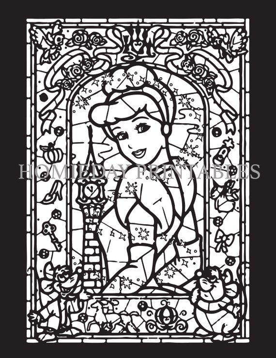 Cinderella Stain Glass Coloring Page Coloring For Adults Etsy
