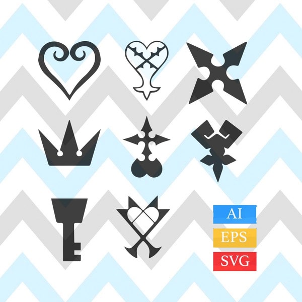 Kingdom Hearts Symbol Set, Keyblade, Kingdom Hearts Decal, Kingdom Hearts Sora, Kingdom Hearts Wall Decal, Kingdom Hearts Silhouette