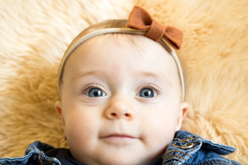 Wool Felt Classic Bow Baby Headband Infant bow headband Wool felt on nylon headband Baby Bow Choose your own color Felt hair bow