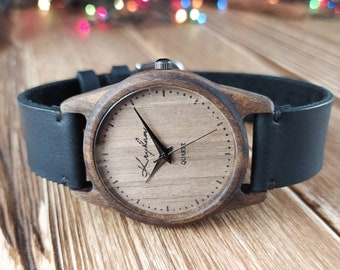 Wooden wrist watch | Walnut | Womens watch / Unisex watch | 35 mm (1 3/8") | FREE ENGRAVING | Black watch hands | Handmade wristwatches