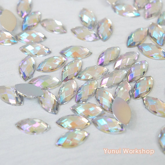 100 Rainbow AB Flatback Acrylic Faceted Horse Eye Sewing Rhinestone Beads 9X18mm