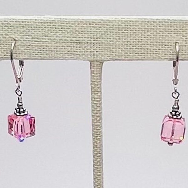 Pinkalicious Swarovski Crystal Light Rose Cube Sterling Silver Earrings ~ October Birthday ~ Gifts For Her ~ Beaded Jewelry ~ Dainty Jewelry