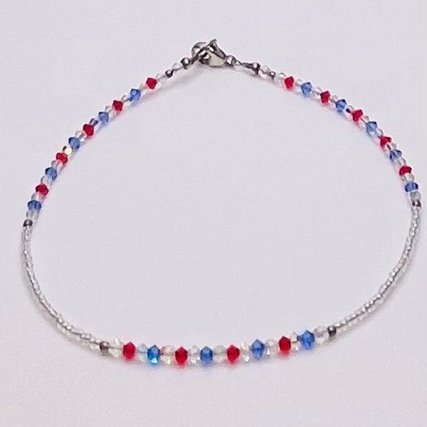 I Love The USA Beaded Anklet ~ USA Anklet ~ Patriotic Anklet ~ Swarovski Crystal Anklet ~ Red, White & Blue 4th of July Patriotic Anklet