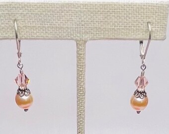Pearls of Grace (Peach) Swarovski Crystal Pearl Dangle Earrings ~ Peach Crystal ~ Peach Pearl ~ Wedding Jewelry ~ Bridal ~ Prom