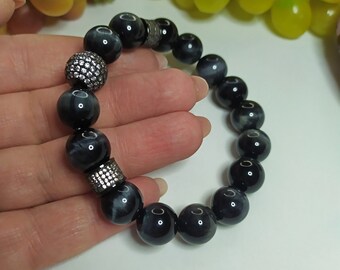 Gray large tiger eye beads bracelet, natural stone bracelet, elastic bracelet, zircons bracelet, gift for her