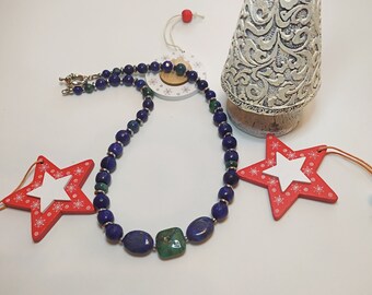 Blue green lapis lazuli necklace, green beaded necklace, classic necklace, dark blue necklace, necklace with square stone beadas, xmas gift