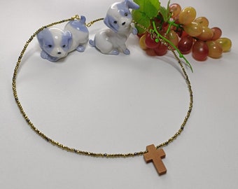 Thiny Gold necklace with wooden cross pendant, gemstone cross necklace, religious jewelry, gift for Easter, wooden cross choker