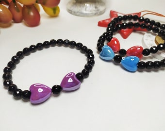 Black and blue, red and lilac heart bracelet, elastic "kiss" bracelet, bracelet for her, romantic Valentine's Day gift