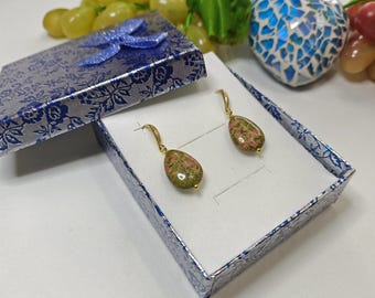 Natural green unakite teardrop earrings with gold hooks, handmade jewelry, gift for her