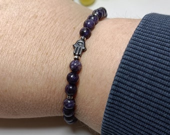 Natural stone bracelet with Fatima hand, elastic bracelet, protective bracelet, charoite bracelet, protection charm bracelet