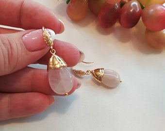 Rose quartz drop earrings, gold hook earrings, gemstone teardrop earrings, pink quartz tear, rose quartz jewelry,dangle earrings, gift