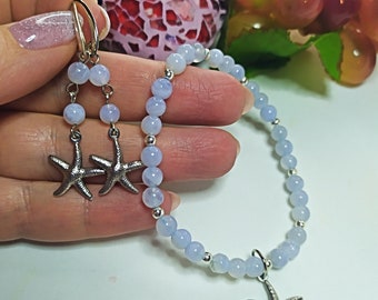 Light blue sapphyrine bead earrings, beach natural stone earrings, starfish dangle earrings, gift for her, blue gem earrings, talisman