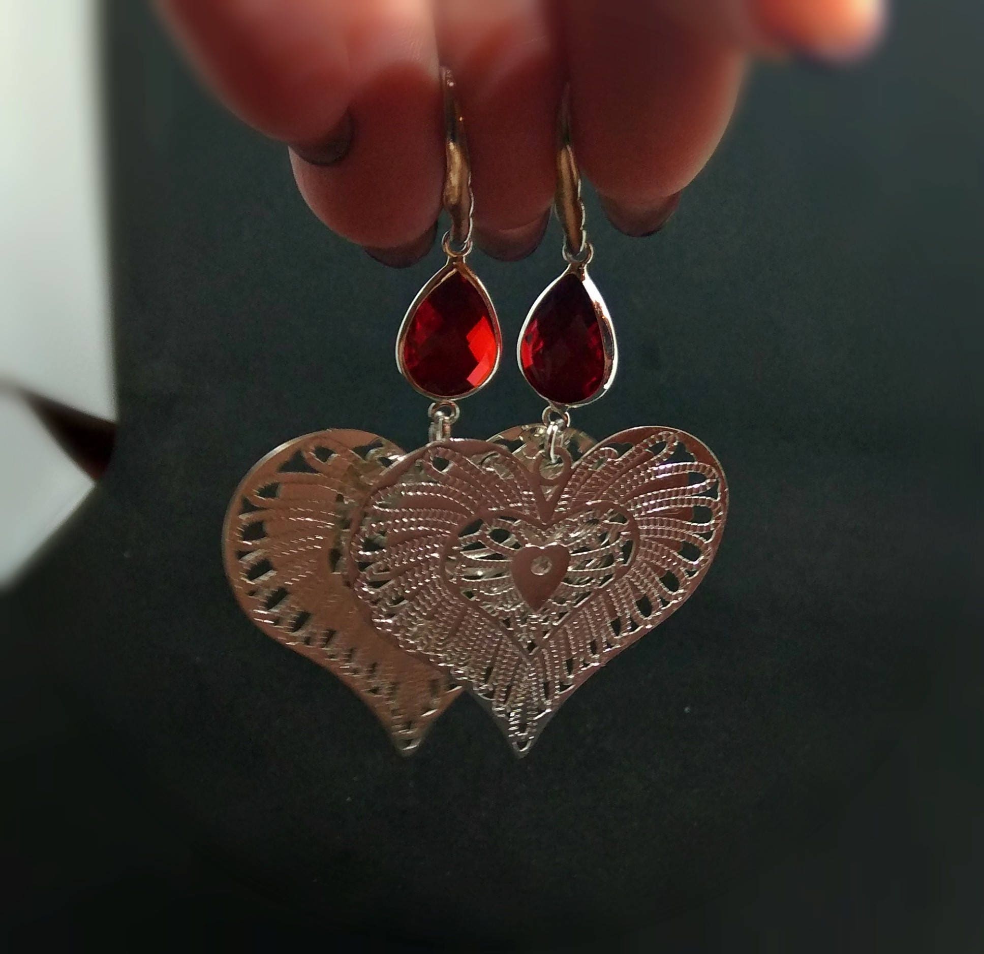 Valentines earrings/ Red heart earrings/ sterling silver glass