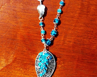 Blue necklace, beaded necklace, "Leaf" necklace, leaf pendant, cluster pendant, blue pendant, glass necklace