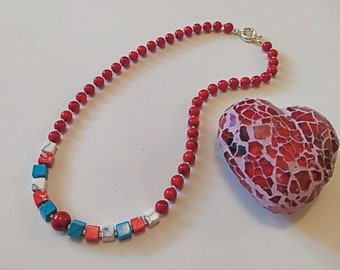 Red coral necklace, white and blue necklace, red cubes necklace, howlite necklace, summer beach necklace, red jewelery set, gift