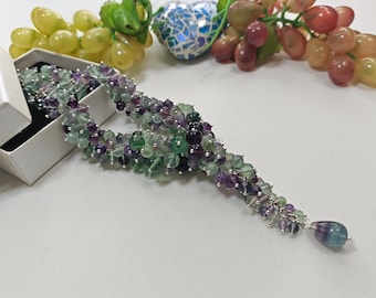 Lilac green necklace, fluorite chain necklace, stone teardrop pendant, green gemstone pendant, lilac stone necklace, silver chain necklace