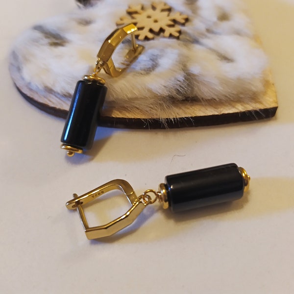 Black and gold earrings, stone column earrings, agate earrings, black stone earrings, tube earrings, black jewelry, jewelry set, gift or her