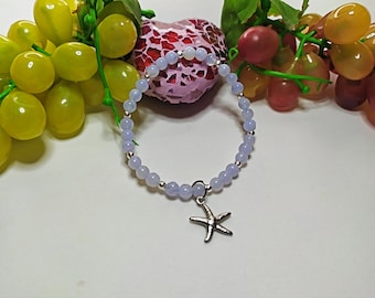 Light blue sapphyrine beads bracelet, natural stone bracelet, elastic bracelet, starfish bracelet, blue gem bracelet, gift for her,talisman