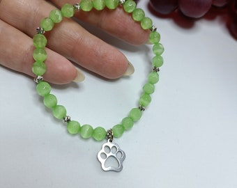 Green bracelet, cat's eye elastic bracelet, dog paw bracelet, green jewelry, animalistic bracelet, Christmas gift