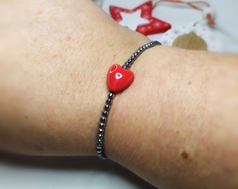 Silver and red bracelet with heart, elastic bracelet "heart", bracelet for her, romantic Valentine's gift, gift for her