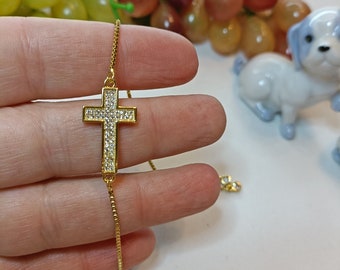 Gouden kruisarmband, dunne schakelarmband, goudkleurige armband, religieuze armband, stijlvolle christelijke armband, cadeau