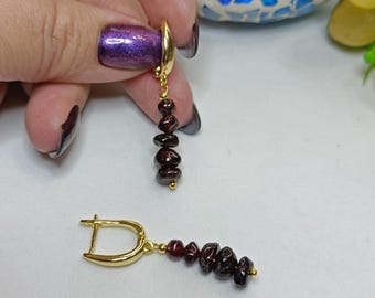 Dangle earrings with natural garnet stone pendants, gold earrings with garnet chips, wine-colored gemstone earrings, Christmas gift
