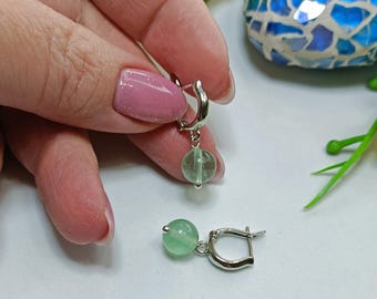 Green fluorite beaded earrings, silver and green stone earrings, small green fluorite ball earrings, natural stone jewelry gift.