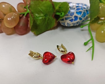 Red Acrylic Heart Earrings, Gold Tone Closure, Handmade girlfriend gift, small earrings