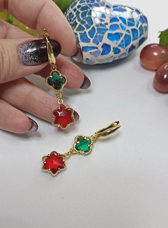 Elegant Gold and Red/Green Crystal Earrings Green and Red Earrings, Gold and Green Crystal Earrings, Red  main image 3