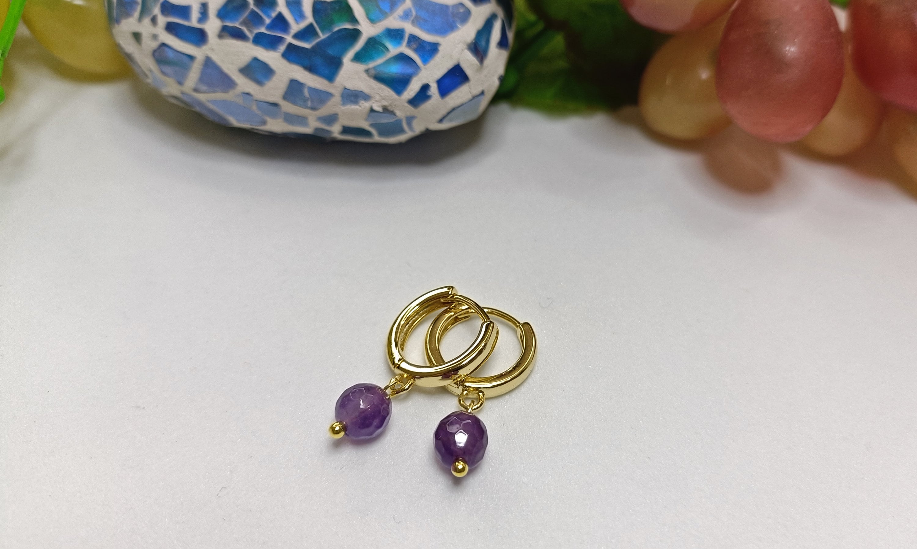 Boucles D'oreilles Créoles - Or Plaqué Avec Améthyste Pendante - Neuf Avec étiquettes