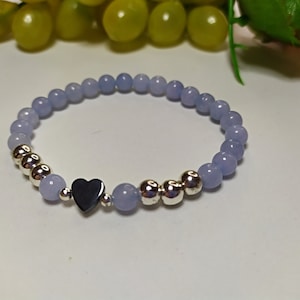 blue aquamarine gemstone bracelet, natural stone bracelet, elastic bracelet, heart bracelet, Valentines gift for her