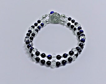 Pulseira com pedra lápis-lazúli natural azul escuro, contas pequenas, fina, minimalista, banhada a prata, 2 fios