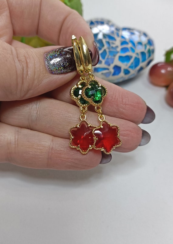 Elegant Gold and Red/Green Crystal Earrings Green and Red Earrings, Gold and Green Crystal Earrings, Red  main image 4