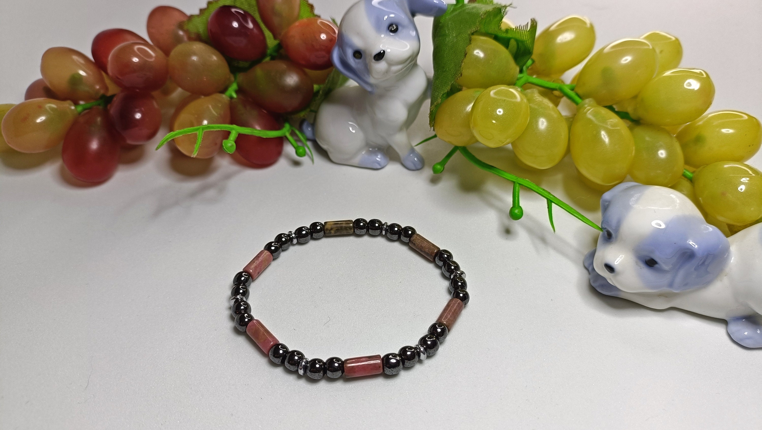 Rhodochrosite and Hematite Natural Stone Bracelet, Stretch Bracelet, gemstone unisex Bracelet, Black and Pink Bracelet, Bracelet Set