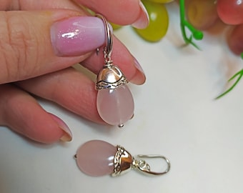 Rose Quartz Drop Earrings, Silver Hook Earrings, Gemstone Teardrop