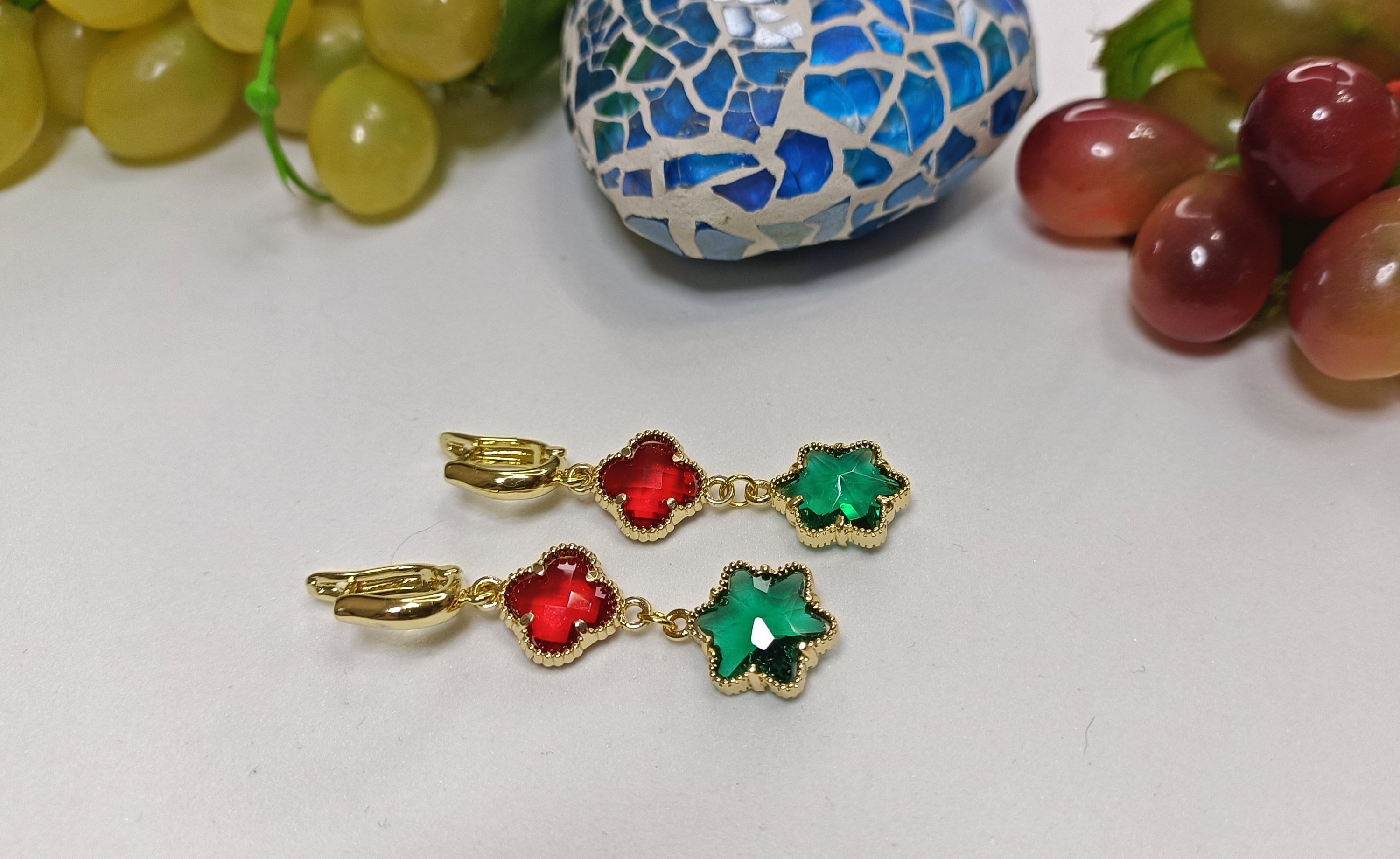 Green and Red Earrings, Gold and Green Crystal Earrings, Red 