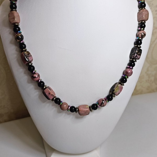 Rhodochrosite, Onyx and Hematite Natural Stone Necklace, Natural Stone Necklace, Black and Pink Necklace, Gift for Her