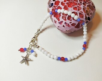 Pulseira branca e azul, pulseira de jadeíta branca, pulseira de estrela do mar, pulseira com pingente, pulseira de praia, conjunto de joias de verão