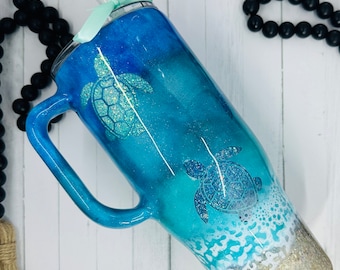 Sea Turtle ink glitter stainless steel tumbler 40oz with a handle