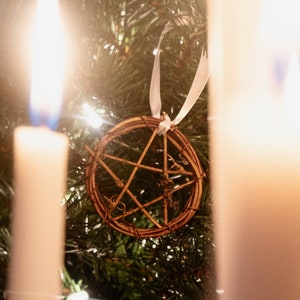 rustic pentacle yule ornament - 3&quot; woven grapevine pentacle with ribbon - witchy christmas