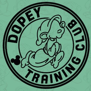 May include: Black and white illustration of a cartoon character, Dopey, from the Disney movie Snow White and the Seven Dwarfs. The illustration is inside a circle with the text "Dopey Training Club" around the outside.
