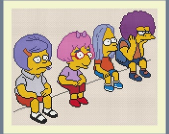 May include: Four yellow cartoon characters with purple and pink hair are sitting on a bench. They are all wearing different outfits and have different expressions on their faces.