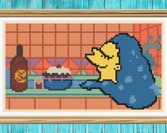 May include: A cross-stitch pattern featuring a cartoon character with blue hair and a yellow face, holding a bowl of dessert. The character is sitting at a table with a bottle of wine and a glass of wine.