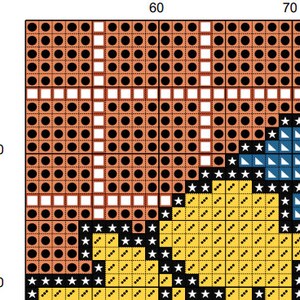 May include: Cross-stitch pattern featuring a colorful design with black, white, orange, yellow, and blue. The pattern includes geometric shapes, stars, and a diagonal pattern.