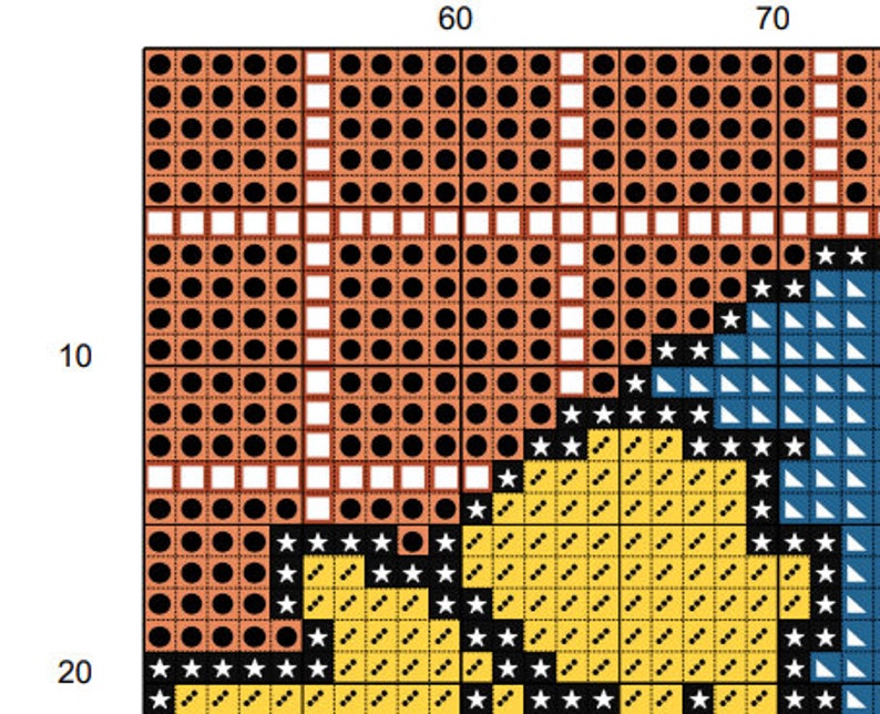 May include: Cross-stitch pattern featuring a colorful design with black, white, orange, yellow, and blue. The pattern includes geometric shapes, stars, and a diagonal pattern.
