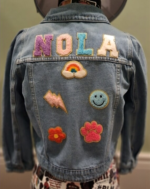 Girls Puff Sleeve Denim Jacket with Name Patch