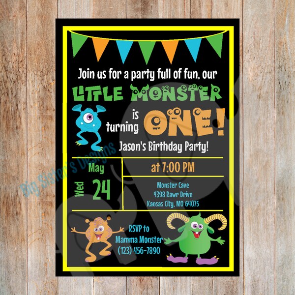 Customize-able First Birthday Monster Invitation Instant Download