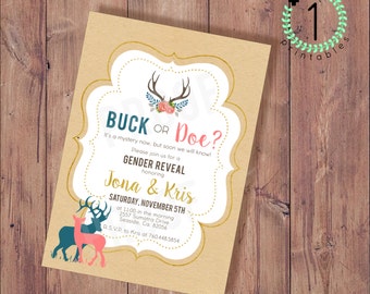 DIY Printable / Digital Download - Buck or Doe Gender Reveal Invitation - Buck or Doe Party - Pink and Blue Navy Gold Baby Shower Invite 5X7